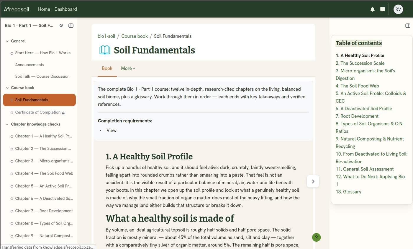 The Bio 1 course on the AfrEcoSoil Moodle learning platform